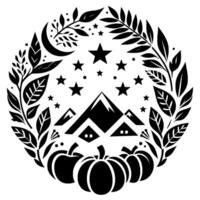 Black White Circular Emblem Pumpkins, Mountain, Stars, and Crescent Moon amidst Foliage and Autumnal Elements, in Flat . vector