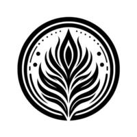Black and white minimalist floral emblem within concentric circles, featuring a stylized leaf with dotted accents, evoking elegance and simplicity. vector