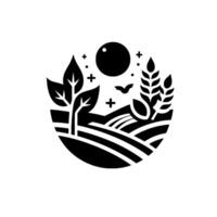 Black and White Minimalist Farm Landscape within a Circle, Featuring Trees, Wheat, Sun, Bird, and Fields. vector