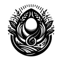 Ornate Black and White Floral Crest A symmetrical featuring leaves, swirls, lines, and a central open egglike shape, with a sense of natural elegance. vector