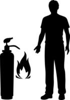 Fire Safety Awareness Illustration with Fire Extinguisher and Person Demonstrating Action vector