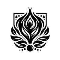 Abstract Black and White Floral with Central Flamelike Element, Enclosed in a Rectangular Frame, Surrounded by Leaflike shapes and dots. vector