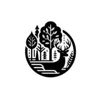 Stylized Monochrome Forest Scene Deer Silhouette Amidst Trees, Foliage, and Geometric Composition within a Circular Frame. vector