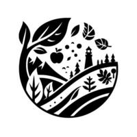 Black White Nature Illustration Apple, Lighthouse, Mountains, Leaves, Trees, Forming a Scenic Landscape within a Circular Frame. vector