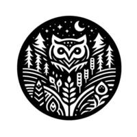 A stylized, circular monochrome featuring an owl with symmetrical details, forest elements, and a night sky, evoking a sense of nature. vector
