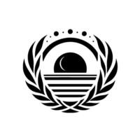 A stylized black and white featuring a circular with a sunlike element, horizontal lines, and a laurel wreath border. vector