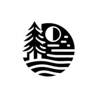 Minimalist Monochrome Illustration of a Pine Tree, Moon, and Rippling Water Within a Circular Landscape, Symbolizing Tranquility vector