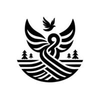 Minimalist blackandwhite emblem featuring a stylized dove, wings, flowing ribbon, trees, and a landscape, evoking peace and serenity. vector