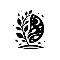 A stylized black and white featuring a leafy tree juxtaposed with a crescent moon and stylized leafshaped cutouts within an eggshaped enclosure, representing growth and night. vector