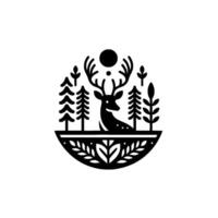 Black and white minimalist circular featuring a deer in a forest with trees, foliage, and a sun. vector