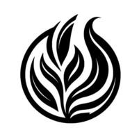 A stylized black and white featuring a central leaflike element encompassed within an organic oval frame, on a stark white background. vector