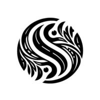 Intricate Black and White Floral Yin Yang. Symbolic round , abstract artistic representation, stylized leaves and lines forming a harmonious balance on white background. vector