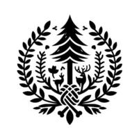 Black and White Circular Forest Emblem Pine Tree, Deer, Flora, Geometric Knot, Surrounded by Laurel Wreath, Decorative, Minimalist. vector