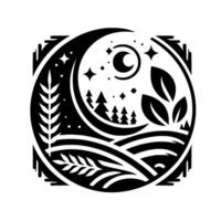 Monochromatic, circular nature illustration with a crescent moon, stars, trees, leaves, and layered landscape elements. vector