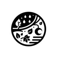 Minimalist Monochrome Circle Natures Cycle of Rainfall, Foliage, and Crescent, Depicting Growth and Weather. vector