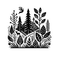 Stylized black and white forest scene with deer and a leaping buck, composed of various trees, foliage, and dots. vector