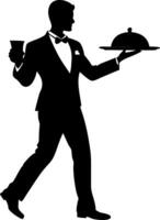 Elegant Butler Serving Meal with Glass in Tuxedo Design for Hospitality Themes vector