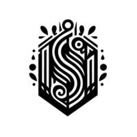 Abstract, Black and White Geometric Illustration with Swirls, Lines, and Decorative Elements in Hexagonal Form. vector