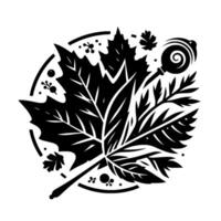 Black and white stylized floral arrangement a large maple leaf central, encircled with a stylized lollipop and smaller leaves on a white background. vector