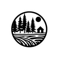 Serene Black and White Circular Illustration Forest, Cabin, and Field Under a Moon, Capturing a Calm, Rural Landscape. vector