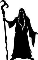 Mysterious Wizard Figure with Long Beard and Staff for Fantasy Art and Tattoo Design vector