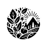 A minimalist, circular emblem featuring black and white stylized elements of nature foliage, sun, mountains, and fields, showcasing simplicity. vector