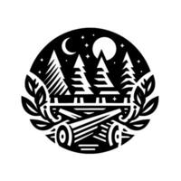 Serene Night Forest Scene in Black and White, Featuring Moon, Stars, Pine Trees, and a Log vector