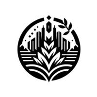 Geometric Black White Emblem City Skyline Blending with Botanical Elements, Circle Composition, Minimalist vector