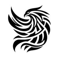 A stylized black and white eagle crest, designed with flowing lines and tribal patterns, set against a clean, white background. vector
