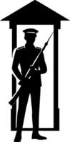 Silhouette of a Guard Standing At Attention with Rifle in Front of a Guardhouse vector