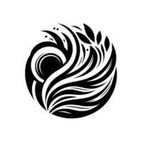 A stylized, blackandwhite, circular illustration of a dynamic, flowing pattern with curved lines, arcs, and leaflike elements, evoking a sense of balance and natural form. vector