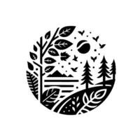 Minimalist circular black and white illustration of a tranquil nature scene with trees, mountains, sun, leaves and birds. vector