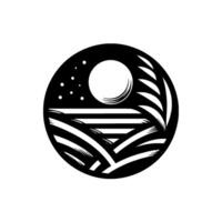 Moonlit Minimalist Landscape A black and white illustration within a circle, featuring a stylized moon, stars, fields and vegetation. vector