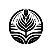 Monochromatic, stylized botanical emblem featuring a symmetrical, black plant within a circular frame, evoking modern minimalism. vector