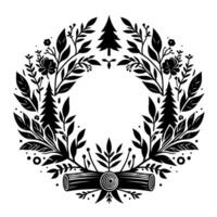 Black and White Decorative Wreath with Trees, Foliage, Flowers, and a Log Element, Festive and Naturalistic. vector