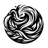 Stylized Black and White Bird Within a Circle Swirling Feathers and Leaf Embellishments on White Backdrop vector