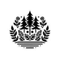 Symmetric Black White Nature Three Evergreen Trees, Foliage, and Floral Elements Enclosed Within a Circular Frame. vector