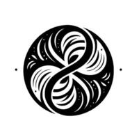 Circular Black White Ornament Intertwined Floral and Geometric on White Background. Detailed, Abstract, and Symmetrical. vector