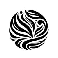Circular, black and white abstract featuring stylized leaves, waves, and geometric shapes, creating a balanced and organic composition on white background. vector