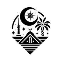 Geometric Black and White Islamic Illustration Moon, Starburst, Mosque, Palm Tree, and Tower in a Diamond Frame. vector