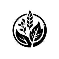 Monochrome illustration a wheat stalk, two leaves, and a sprig of berries elegantly enclosed within a simple black circle on a white background. vector