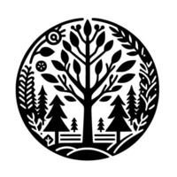 Black and White Circle Emblem Central Tree with Foliage, Pine Trees, and Decorative Border Elements. vector