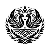 Symmetric Black White Emblem of Two Doves in Ornamental Circle, Symbolizing Peace Unity with Floral Accents. vector