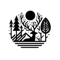 Minimalist Black and White Illustration of a Stag in a Forest Circle with Pines, a Leafy Tree and a Sun, Tranquil Scene. vector