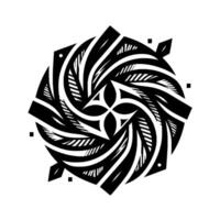 Geometric Black and White Mandala with Swirling Patterns, Central Floral Motif, and Minimalist Style. vector