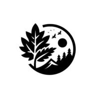 Minimalist black and white of a leaf and landscape, featuring mountains, trees, sun, and birds within a circular . vector