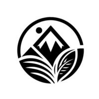 Monochromatic, circular nature featuring a mountain range, sun, and stylized wheat and foliage. vector