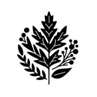 Black and white stylized nature illustration featuring a central large leaf with surrounding floral and berry elements, creating a symmetrical botanical . vector