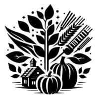Black and white stylized illustration of a harvest scene with pumpkins, wheat, a house, leaves, and abstract elements arranged in a circular composition. vector