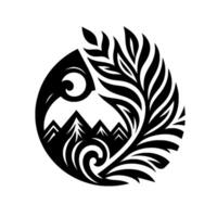 A circular black and white stylized illustration featuring a birdlike figure, mountains, and plantlike patterns, conveying a sense of nature and serenity. vector